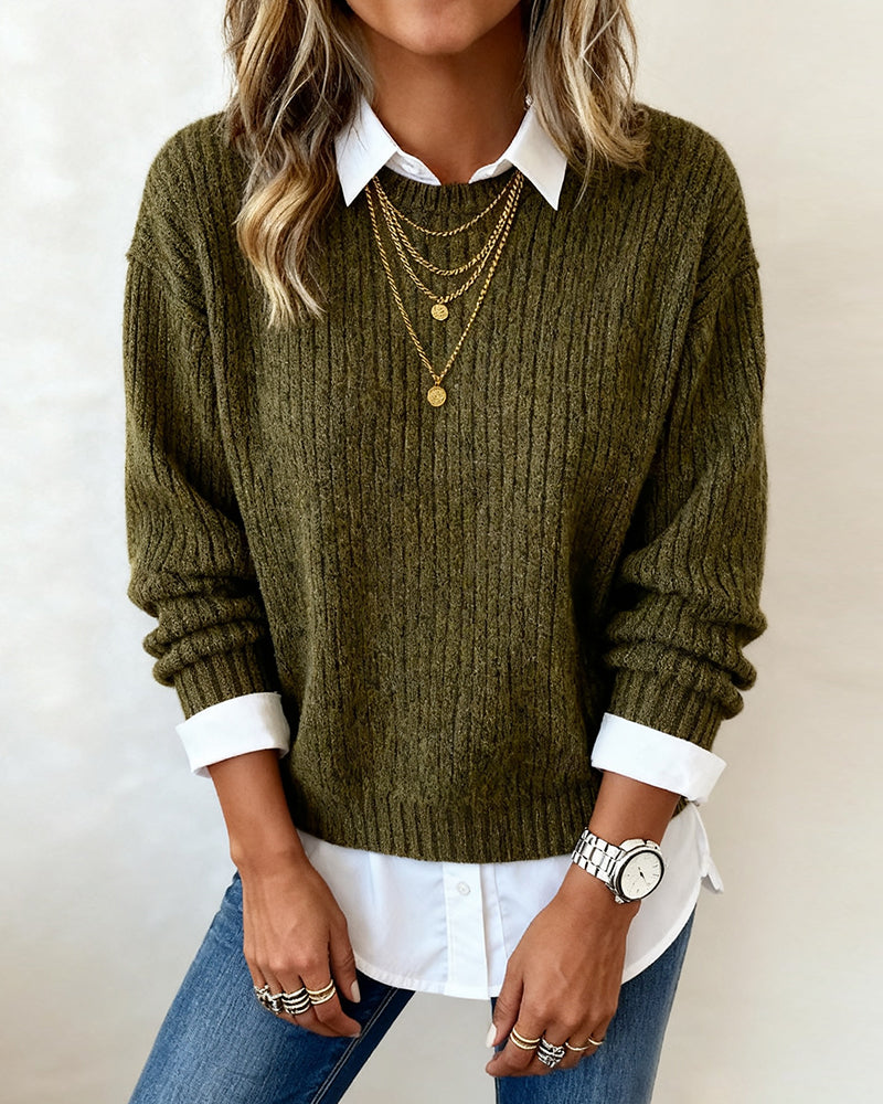 Laluna® | Sweater With Shirt Collar And Patchwork Design