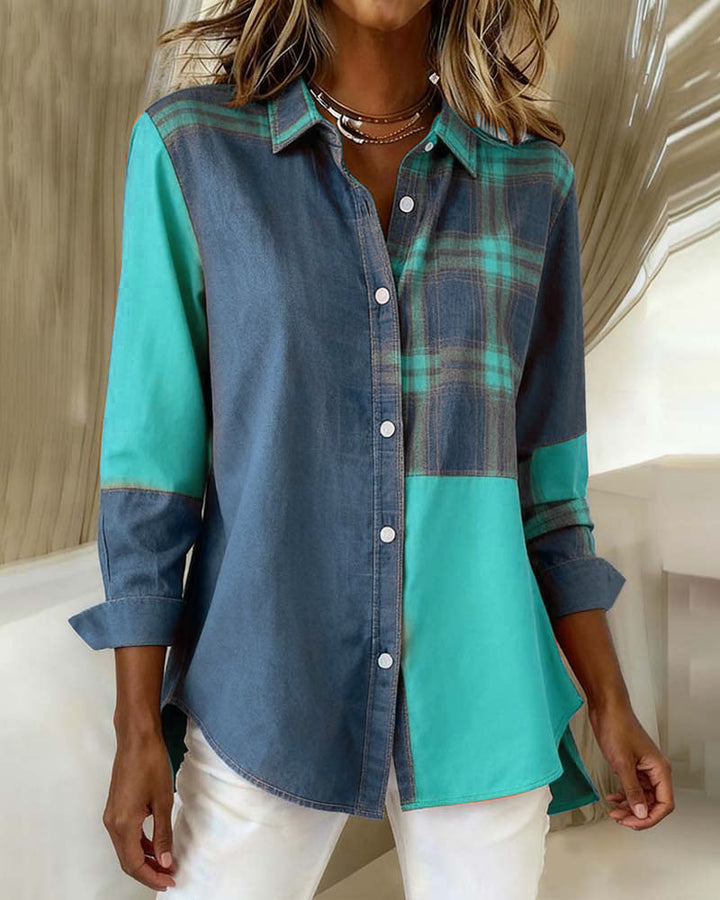 Laluna® | Shirt with Notched Collar and Checked Contrast Design