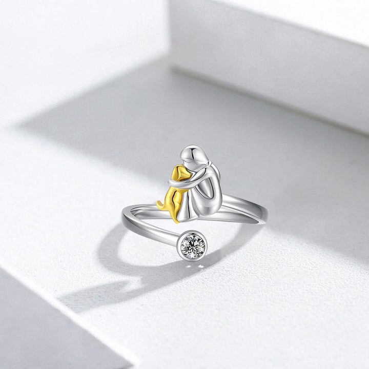 Silver ring with dog and zirconia stones