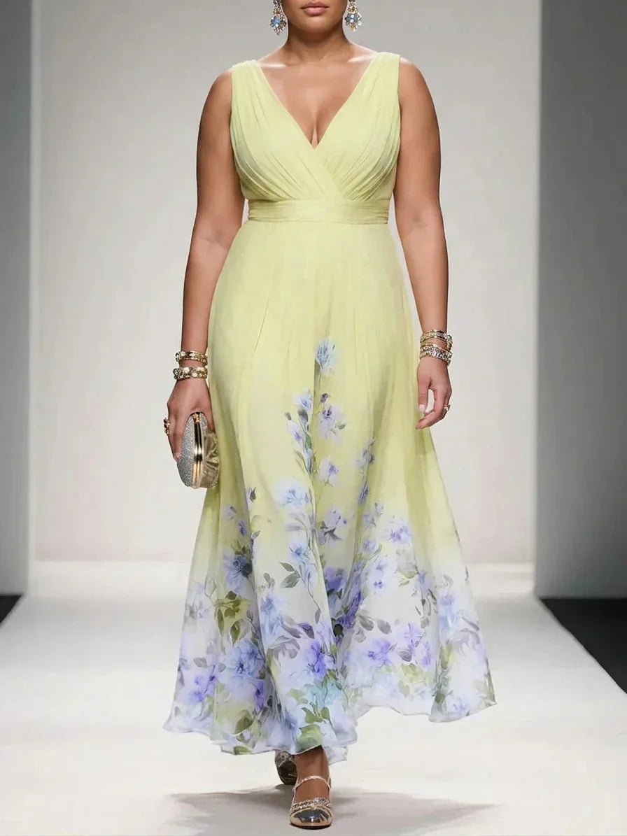 Rose | Light Blue Floral Chiffon V-Neck Maxi Dress