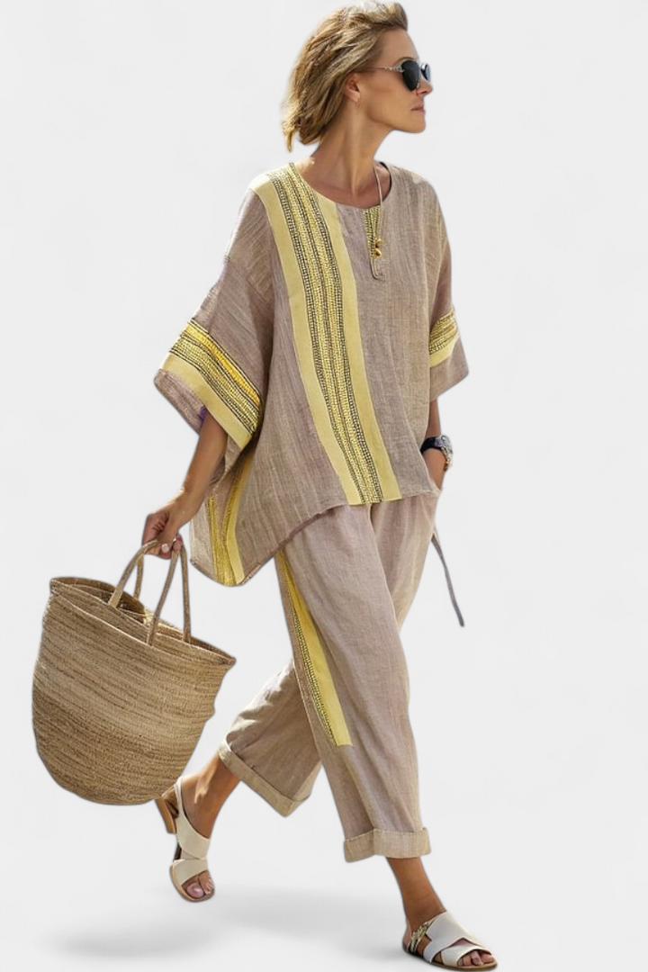 Daniela – elegant lavender top and mustard striped pants