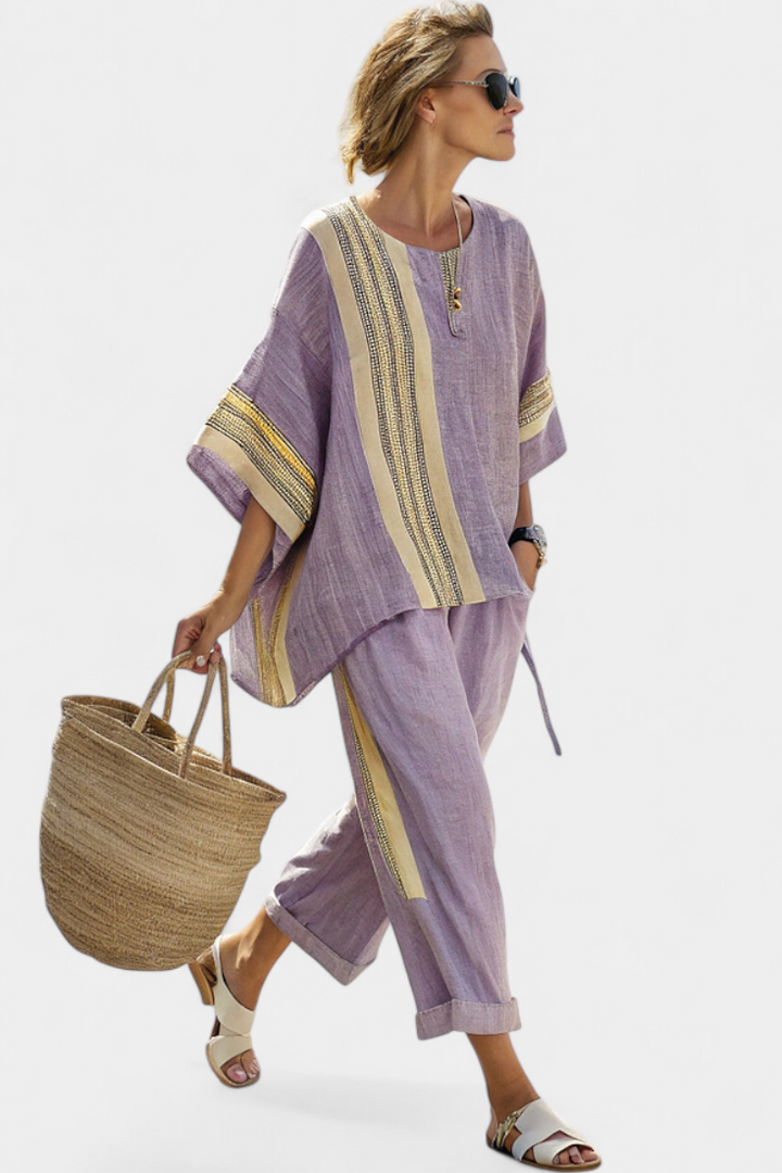 Daniela – elegant lavender top and mustard striped pants