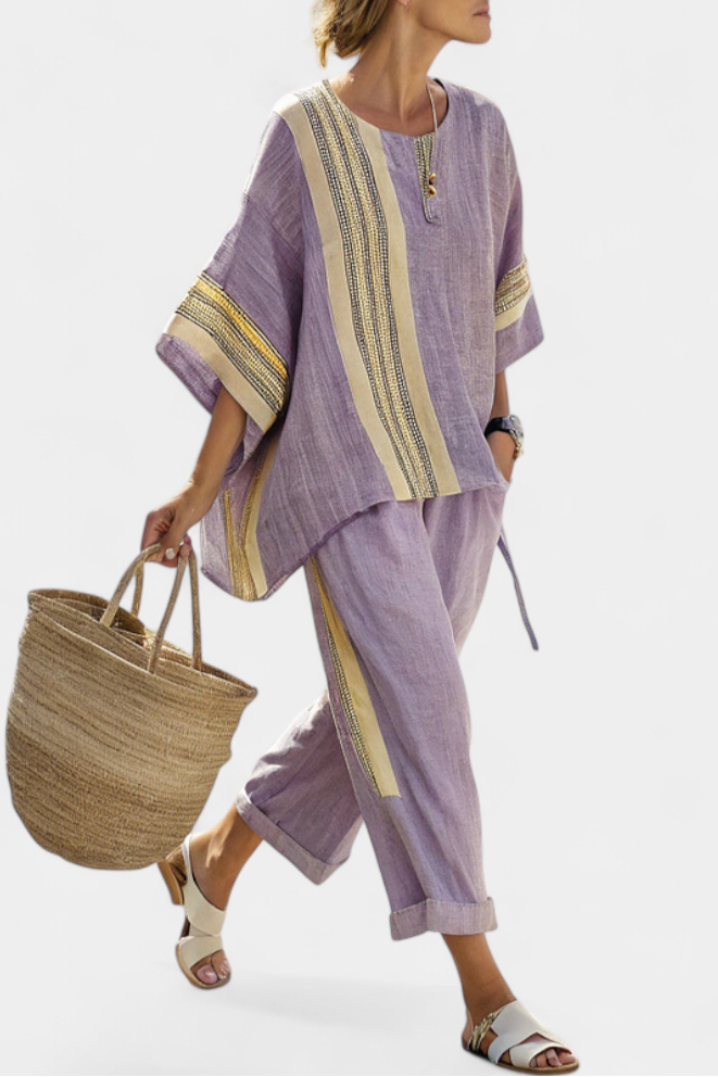Daniela – elegant lavender top and mustard striped pants