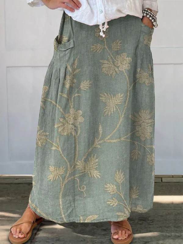 Women's Retro Floral Art Linen Elastic waistband Pocket Skirt