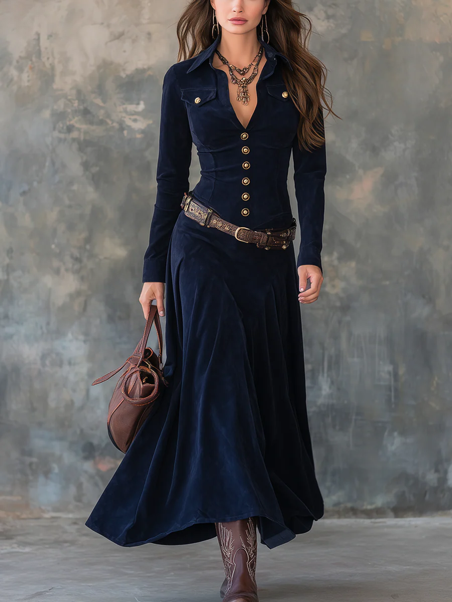 Vintage Flap Pocket Polyester Suede Maxi Dress(With belt)