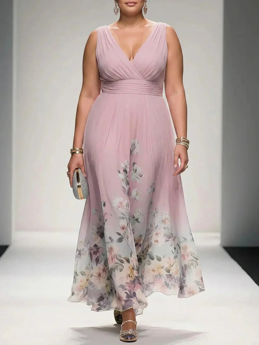 Rose | Light Blue Floral Chiffon V-Neck Maxi Dress